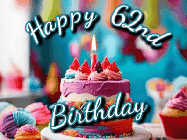 Happy Birthday Age 62 GIF, 62nd Birthday GIF: Animated Happy Birthday Gif reading Happy Birthday Customize. Depicts a colorful birthday with flickering candles and glitter.