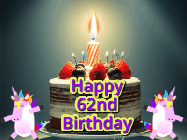 Happy Birthday Age 62 GIF, 62nd Birthday GIF: An animated gif with 2 unicorns and a birthday candle on a cake.