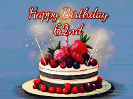 Happy Birthday Age 62 GIF, 62nd Birthday GIF: Animated GIF of a birthday cake covered in berries with 2 sparklers and a candle, reads Happy Birthday Name. Customize it.