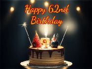 Happy Birthday Age 62 GIF, 62nd Birthday GIF: Animated birthday cake gif with sparklers on a dark background. Personalize up to 3 lines of text.