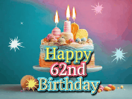 Happy Birthday Age 62 GIF, 62nd Birthday GIF: A colorful animated Happy Birthday Cake GIF with swirling sparkles and flickering candles. It reads Happy Birthday Name