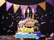 Happy Birthday Age 62 GIF, 62nd Birthday GIF: Happy birthday cake animated gif with flickering candles, animated text, and falling confetti. Customize text reading Happy Birthday Customize.