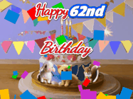 Happy Birthday Age 62 GIF, 62nd Birthday GIF: Happy Birthday Cake GIF with a cat, lamb, and squirrel on the cake with flickering candles, a sparkler, and falling confetti. Reads Happy Birthday Name and you can customize the name