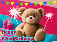 Happy Birthday Age 62 GIF, 62nd Birthday GIF: A cute birthday teddy bear animated birthday gif with the bear holding sparklers and text to customize.