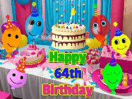 Happy Birthday Age 64 GIF, 64th Birthday GIF: A birthday animated gif with a party room in the background and cute balloons, cake, and name to customize.