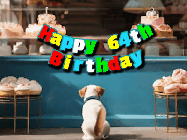 Happy Birthday Age 64 GIF, 64th Birthday GIF: Cute puppy animated birthday gif with dog watching the cake shop, then cake arrives and tail goes crazy! Customize it!