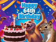 Happy Birthday Age 64 GIF, 64th Birthday GIF: A silly animated birthday gif, a chipmunk lights bady cake sparkler with laser beam eyes and starts a bright glitter party.