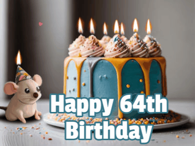 A colorful animated GIF celebrating a 64th birthday with confetti and joyful text
