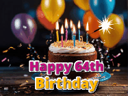 Happy Birthday Age 64 GIF, 64th Birthday GIF: A birthday cake with flickering candles gif with text reading Happy Birthday and a Name slot to customize