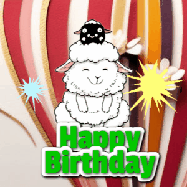 Happy Birthday Age 64 GIF, 64th Birthday GIF: A cute lamb gif with a bouncing lamb with sparklers with text flashing Happy Birthday Name that can be customized.