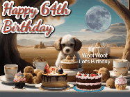 Happy Birthday Age 64 GIF, 64th Birthday GIF: Animated birthday gif with a dog at a fancy birthday table loaded with cakes as hearts appear. It reads Happy Birthday Customize.