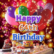 Happy Birthday Age 64 GIF, 64th Birthday GIF: Animated happy birthday gif on a bright red glittery background and 3 lines of text reading Happy Birthday Customize