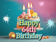 Happy Birthday Age 64 GIF, 64th Birthday GIF: A colorful animated Happy Birthday Cake GIF with swirling sparkles and flickering candles. It reads Happy Birthday Name