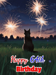Happy Birthday Age 64 GIF, 64th Birthday GIF: An animated gif at night showing the backside of a sitting cat who watches sparkle and fireworks over a meadow. Customize name and happy birthday.
