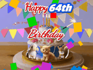 Happy Birthday Age 64 GIF, 64th Birthday GIF: Happy Birthday Cake GIF with a cat, lamb, and squirrel on the cake with flickering candles, a sparkler, and falling confetti. Reads Happy Birthday Name and you can customize the name