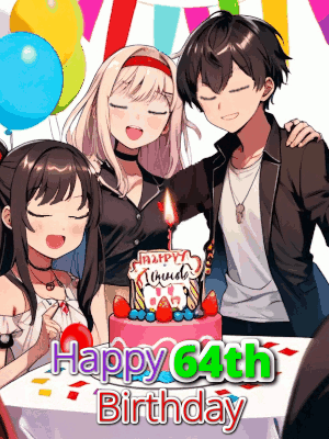 A cheerful animated GIF with balloons and a joyful birthday message