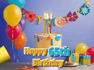 Happy Birthday Age 65 GIF, 65th Birthday GIF: Happy birthday cake animated gif with flickering candles, balloons, confetti, and text to customize.