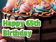 Happy Birthday Age 65 GIF, 65th Birthday GIF: A beautiful and elegant birthday cake gif with pink text to customize and animated flowers.