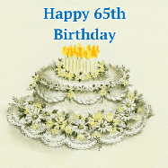 Happy Birthday Age 65 GIF, 65th Birthday GIF: A beautiful vintage birthday cake design with flickering candles atop and three lines of customized happy birthday text.