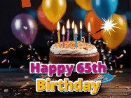 Happy Birthday Age 65 GIF, 65th Birthday GIF: A birthday cake with flickering candles gif with text reading Happy Birthday and a Name slot to customize