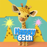 Happy Birthday Age 65 GIF, 65th Birthday GIF: Cute giraffee birthday gif depicting a paper cutout bobbing giraffe head and birthday text you can customize with sparklers.