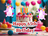 Happy Birthday Age 65 GIF, 65th Birthday GIF: Animated Happy Birthday GIF with a beautiful birthday cake being lit up by two unicorns. There are 3 lines of text to customize.