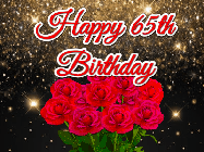 Happy Birthday Age 65 GIF, 65th Birthday GIF: A beautiful birthday gif with a bouquet of flowers and animated hearts on a black and glitter background.
