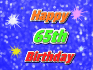 Happy Birthday Age 65 GIF, 65th Birthday GIF: A glitter birthday gif with a blue glitter background and animated text reading Happy Birthday Name