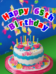 Happy Birthday Age 65 GIF, 65th Birthday GIF: A brightly colored animated birthday gif with a cake and a cute cartoon dragon flies past to light the candles. Customize banner text.