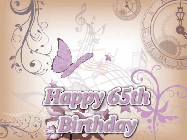 Happy Birthday Age 65 GIF, 65th Birthday GIF: Classical birthday gif background with colorful musical notes floating past and a name you can customize, reads Happy Birthday.