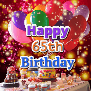 Happy Birthday Age 65 GIF, 65th Birthday GIF: Animated happy birthday gif on a bright red glittery background and 3 lines of text reading Happy Birthday Customize