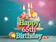 Happy Birthday Age 65 GIF, 65th Birthday GIF: A colorful animated Happy Birthday Cake GIF with swirling sparkles and flickering candles. It reads Happy Birthday Name