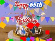 Happy Birthday Age 65 GIF, 65th Birthday GIF: Happy Birthday Cake GIF with a cat, lamb, and squirrel on the cake with flickering candles, a sparkler, and falling confetti. Reads Happy Birthday Name and you can customize the name