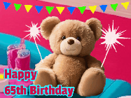 Happy Birthday Age 65 GIF, 65th Birthday GIF: A cute birthday teddy bear animated birthday gif with the bear holding sparklers and text to customize.