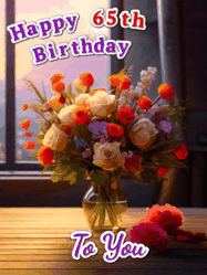 Happy Birthday Age 65 GIF, 65th Birthday GIF: A vase of flowers and animated hearts pop in and out as the words Happy Birthday Name appears that you can customize