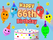Happy Birthday Age 66 GIF, 66th Birthday GIF: Look at these cute balloons! Floating above a birthday cake. Animated happy faces too. Happy Birthday GIF. Customize. 