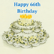 Happy Birthday Age 66 GIF, 66th Birthday GIF: A beautiful vintage birthday cake design with flickering candles atop and three lines of customized happy birthday text.