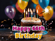 Happy Birthday Age 66 GIF, 66th Birthday GIF: A birthday cake with flickering candles gif with text reading Happy Birthday and a Name slot to customize
