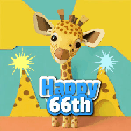 Happy Birthday Age 66 GIF, 66th Birthday GIF: Cute giraffee birthday gif depicting a paper cutout bobbing giraffe head and birthday text you can customize with sparklers.