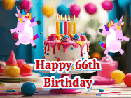 Happy Birthday Age 66 GIF, 66th Birthday GIF: Animated Happy Birthday GIF with a beautiful birthday cake being lit up by two unicorns. There are 3 lines of text to customize.