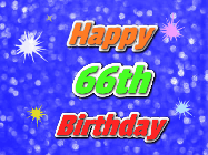 Happy Birthday Age 66 GIF, 66th Birthday GIF: A glitter birthday gif with a blue glitter background and animated text reading Happy Birthday Name