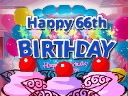 Happy Birthday Age 66 GIF, 66th Birthday GIF: Birthday animated gif with sparklers on text name you can customize. Brightly colored with a close up cake cherries.