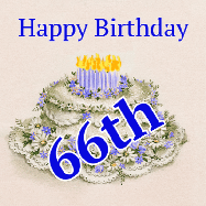 Happy Birthday Age 66 GIF, 66th Birthday GIF: A beautiful animated birthday gif with a vintage style cake drawing and animated candle flames. Customize the name and text.