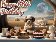 Happy Birthday Age 66 GIF, 66th Birthday GIF: Animated birthday gif with a dog at a fancy birthday table loaded with cakes as hearts appear. It reads Happy Birthday Customize.