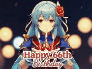 Happy Birthday Age 66 GIF, 66th Birthday GIF: Anime girl holding a birthday cake and an animated sword falls into it. Text reads Happy Birthday Customize