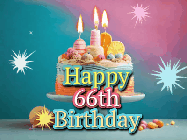 Happy Birthday Age 66 GIF, 66th Birthday GIF: A colorful animated Happy Birthday Cake GIF with swirling sparkles and flickering candles. It reads Happy Birthday Name