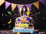 Happy Birthday Age 66 GIF, 66th Birthday GIF: Happy birthday cake animated gif with flickering candles, animated text, and falling confetti. Customize text reading Happy Birthday Customize.