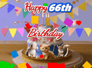 Happy Birthday Age 66 GIF, 66th Birthday GIF: Happy Birthday Cake GIF with a cat, lamb, and squirrel on the cake with flickering candles, a sparkler, and falling confetti. Reads Happy Birthday Name and you can customize the name