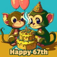 Happy Birthday Age 67 GIF, 67th Birthday GIF: What are these cute things with the ugly birthday cake! A name, but no happy birthday. I may have screwed this one up.
