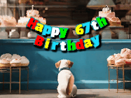 Happy Birthday Age 67 GIF, 67th Birthday GIF: Cute puppy animated birthday gif with dog watching the cake shop, then cake arrives and tail goes crazy! Customize it!